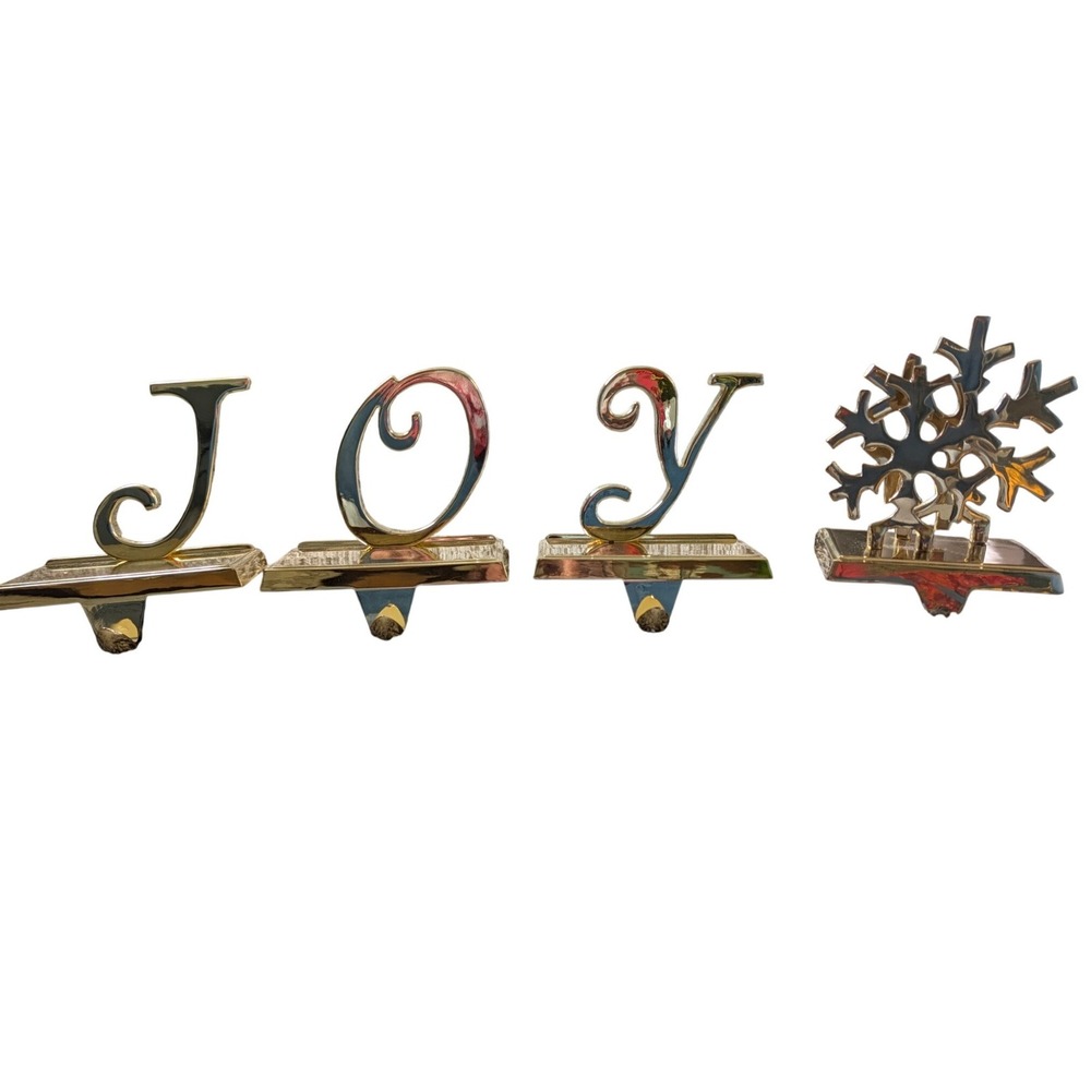 Gold Tone Metal JOY Snowflake Christmas Stocking Holders Set of 4 Mantel Decor